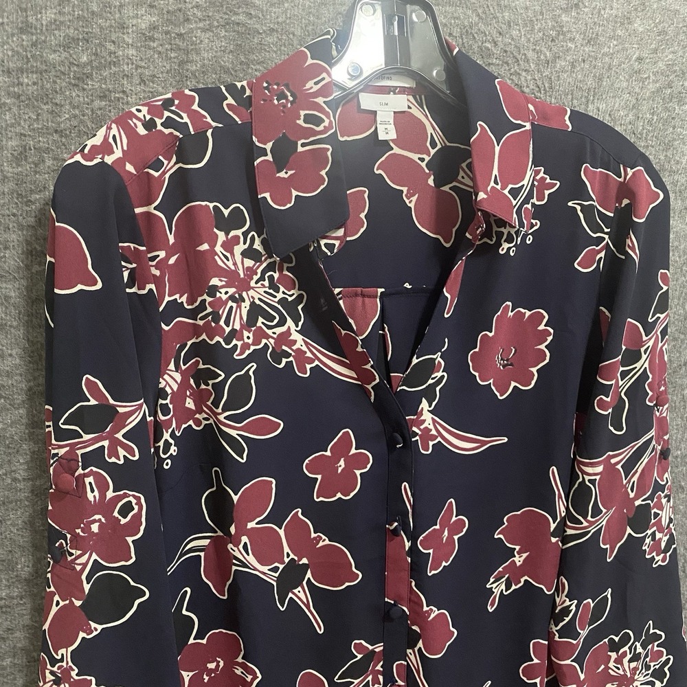 Express The Portofino Shirt Womens Medium Blue Pink‎ Floral Slim Roll Tab Office - Picture 3 of 11